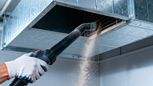 A,Gloved,Hand,Uses,A,Vacuum,Hose,To,Clean,A