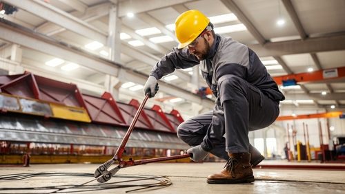 A,Heavy,Industry,Worker,Uses,Big,Pliers,To,Cut,Metal